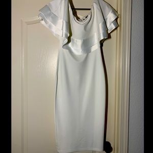 White off the shoulder ruffle mid length dress